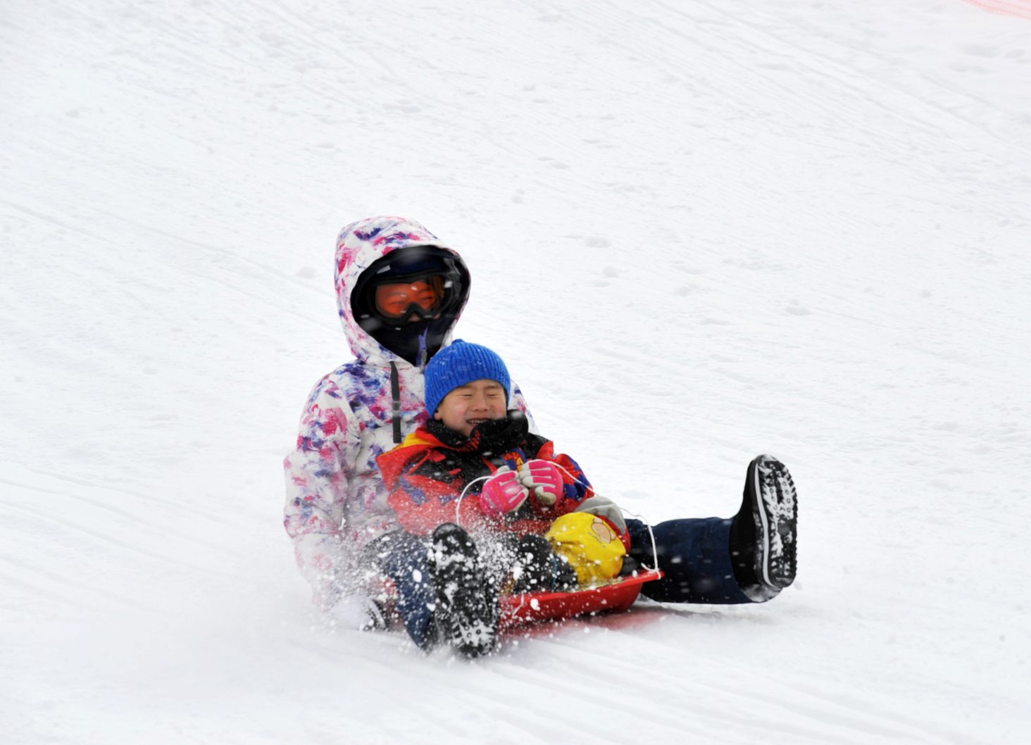 ソリで雪の上をすべる親子